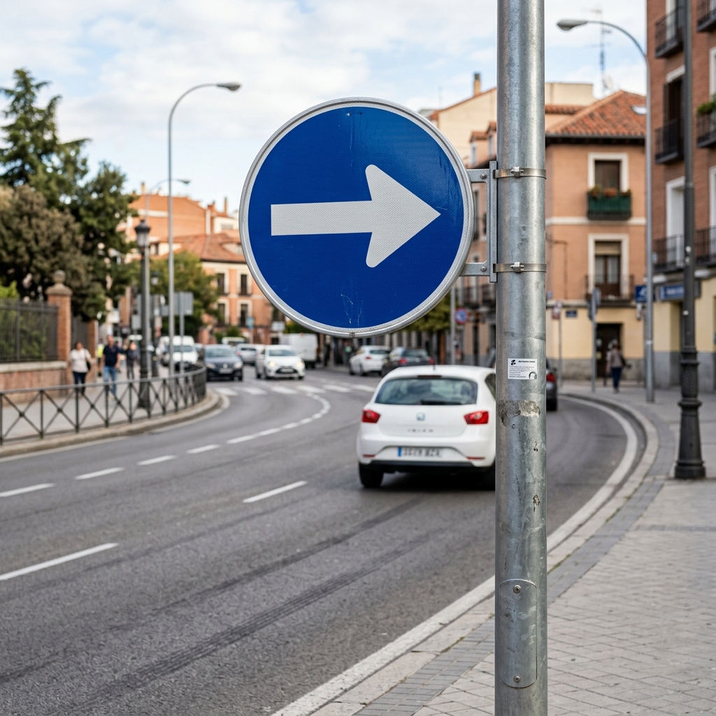 Ilustración del examen DGT: Si observa la señal de Sentido obligatorio (derecha) asociada a un panel complementario co