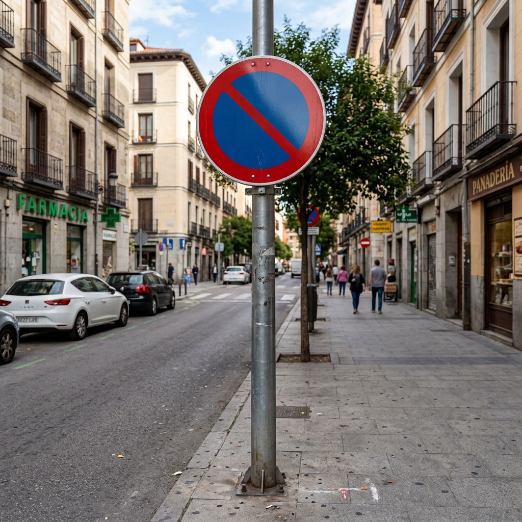 Ilustración del examen DGT: Si observa la señal de Estacionamiento prohibido asociada a un panel complementario con un