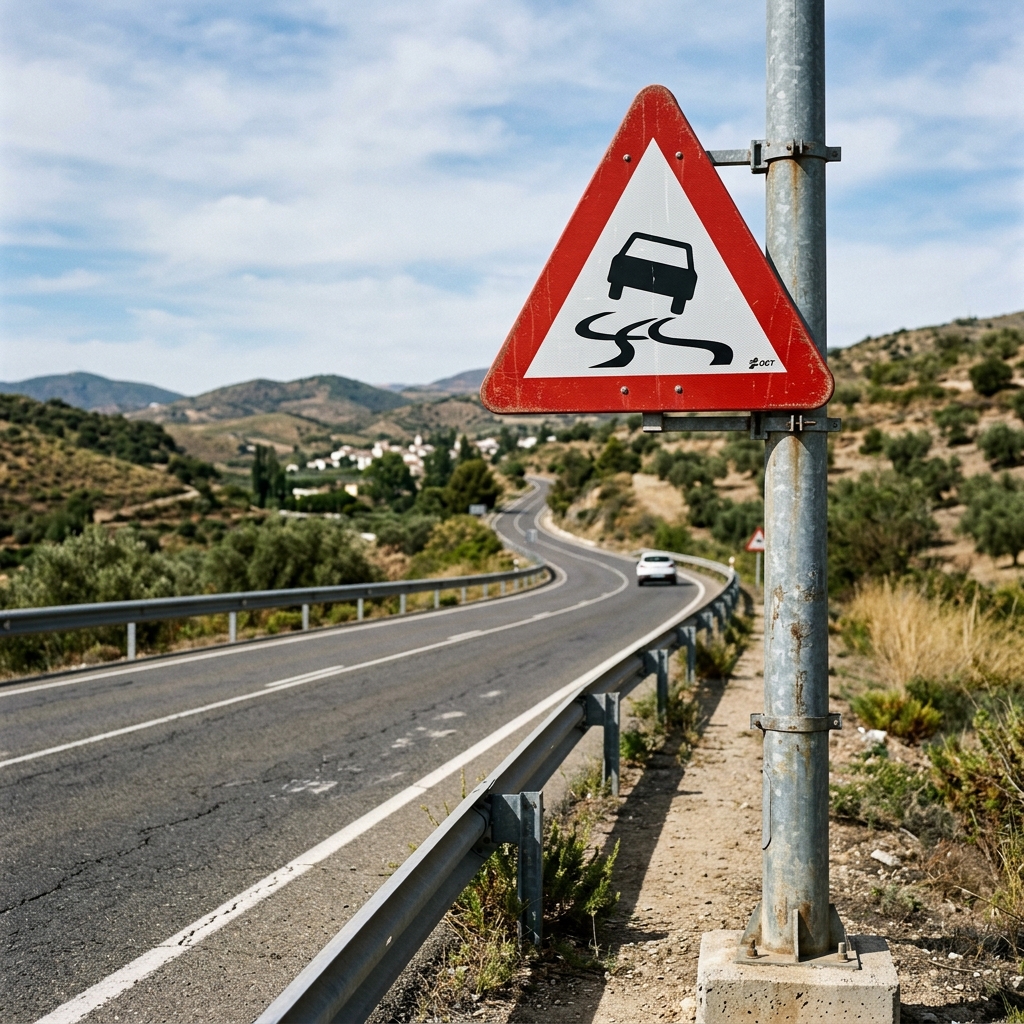 Ilustración del examen DGT: Si observa la señal de Peligro por pavimento deslizante asociada a un panel complementario