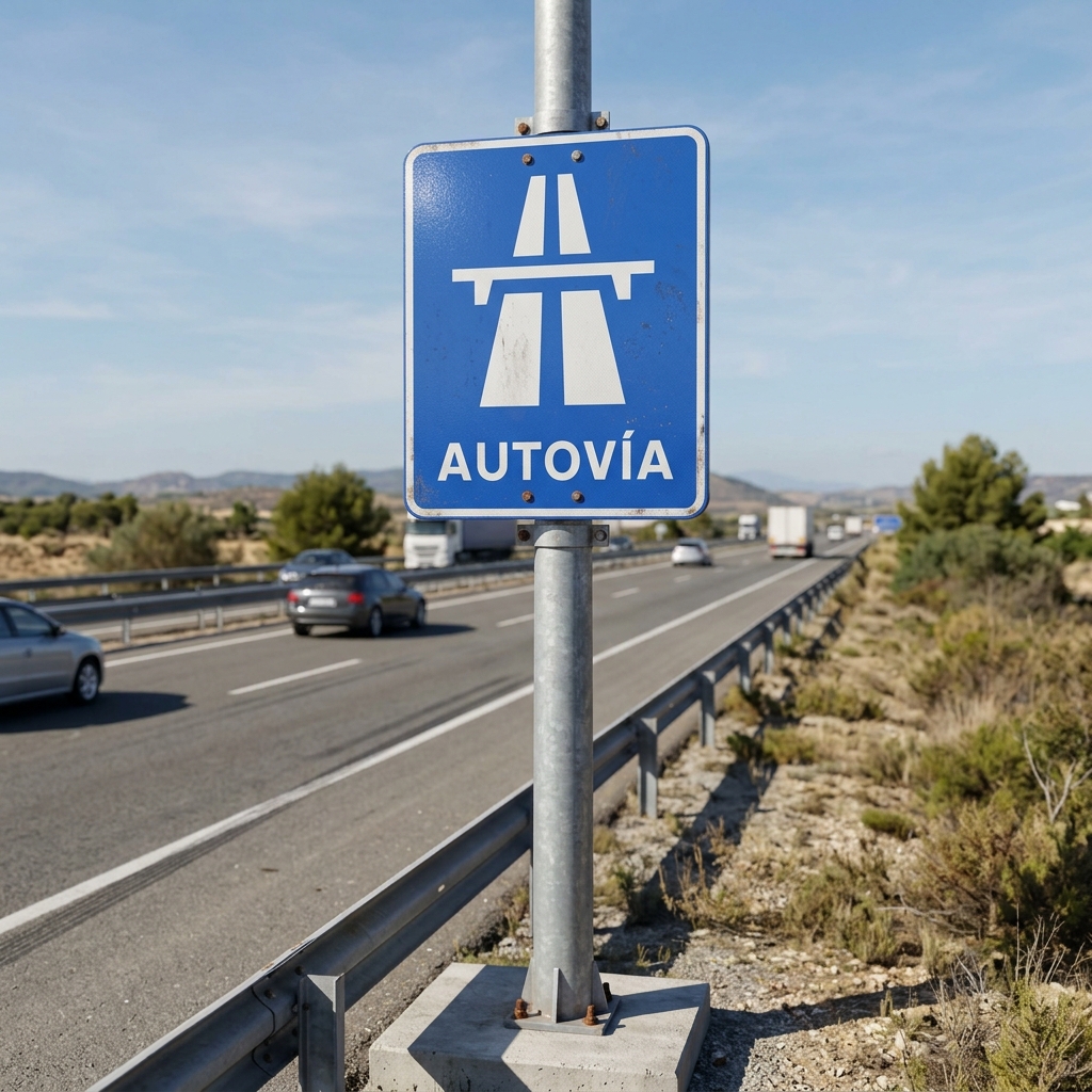 Ilustración del examen DGT: Si observa la señal de Autovía asociada a un panel complementario con una flecha hacia arr