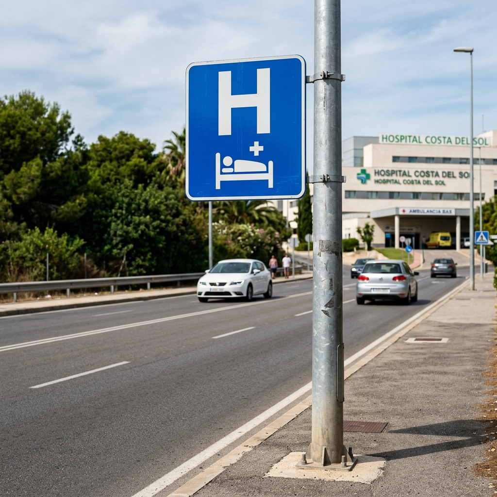 Ilustración del examen DGT: With regard to the Hospital sign, what sanction or infraction can you commit if you do...