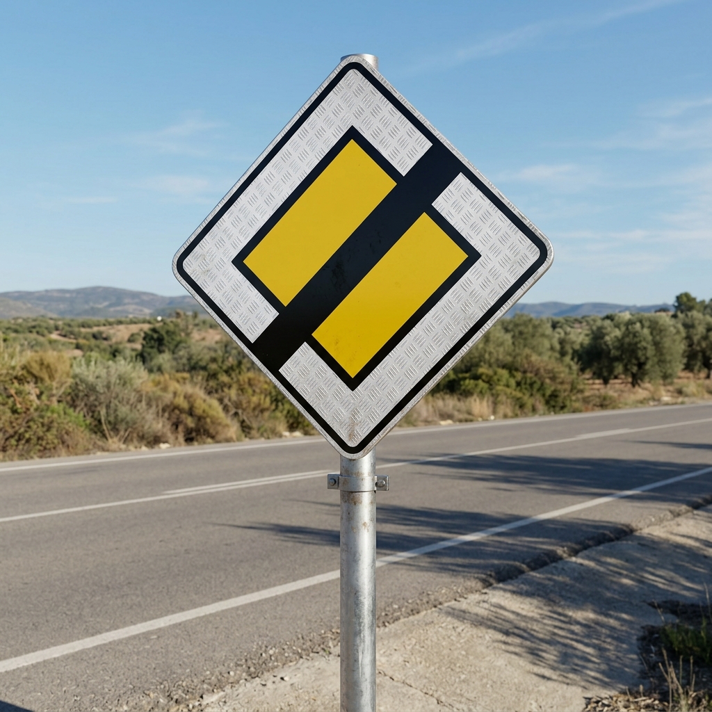 Ilustración del examen DGT: Ante la señal de Fin de calzada con prioridad, ¿qué sanción o infracción puede cometer si