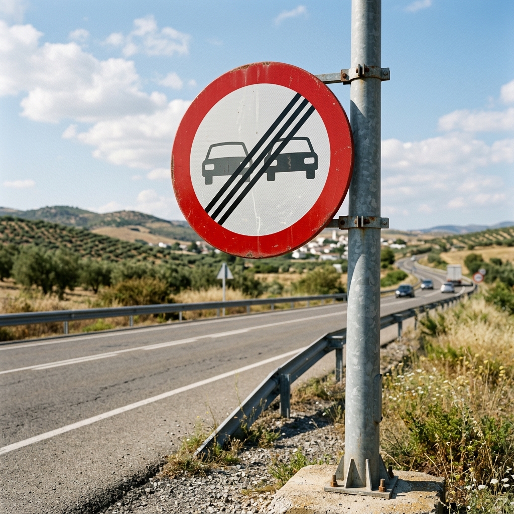 Ilustración del examen DGT: Al aproximarse a esta señal de Fin de adelantamiento prohibido, ¿qué comportamiento...