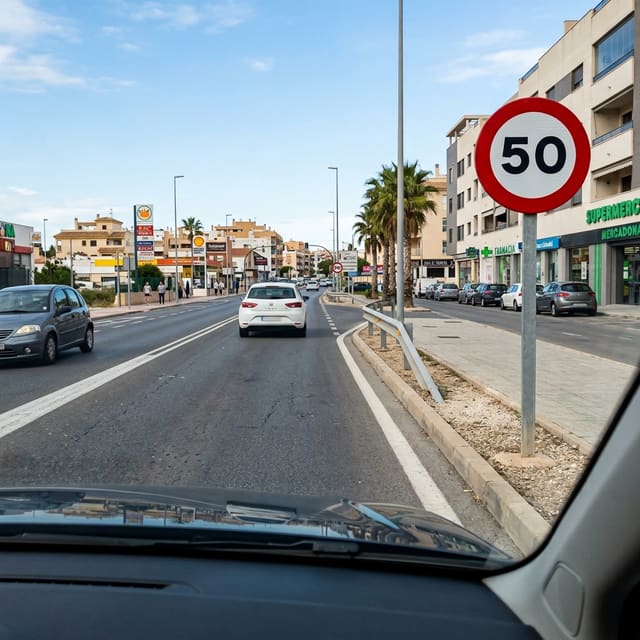 Ilustración del examen DGT: ¿Cuál es el propósito principal de colocar la señal de Velocidad máxima 50 km/h en una...