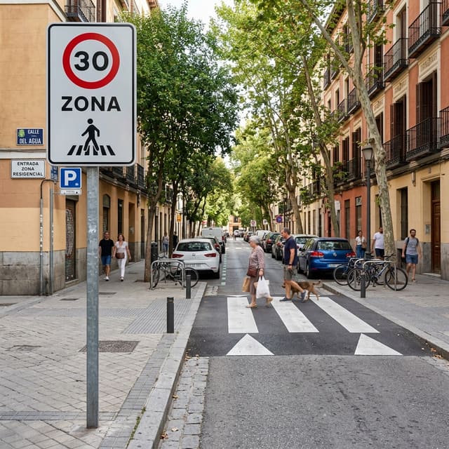 Ilustración del examen DGT: ¿Cuál es el propósito principal de colocar la señal de Zona 30 en una calzada?