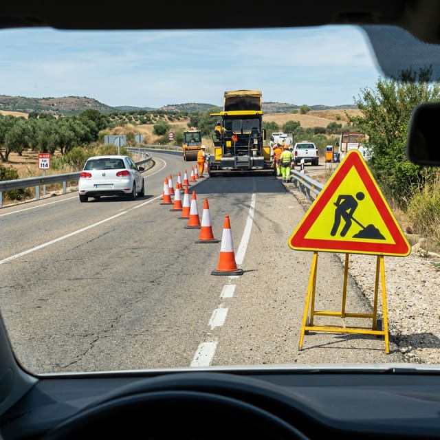 Ilustración del examen DGT: ¿Cómo afecta la señal de Peligro por obras en la calzada a los conductores de turismos...