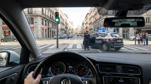 Ilustración del examen DGT: Circula con su turismo con el semáforo en verde. Por la vía transversal derecha se...