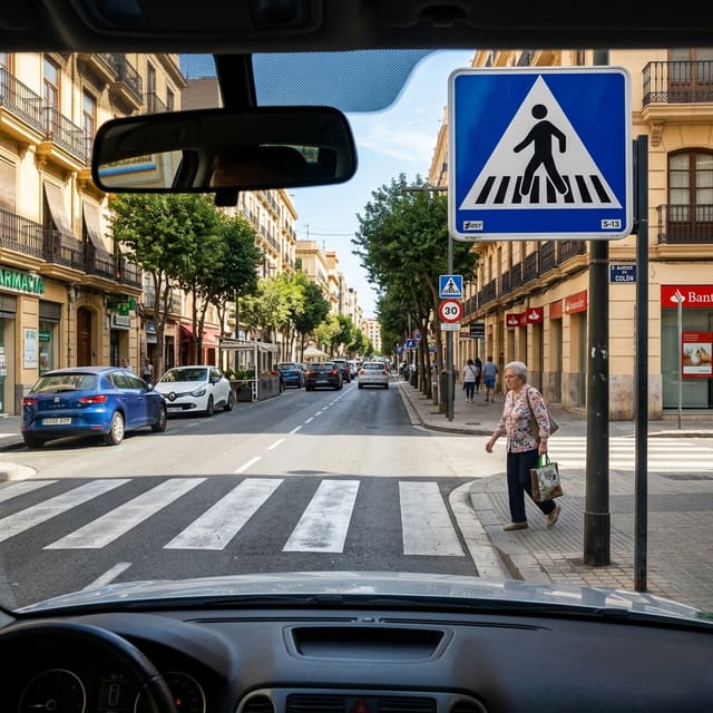 Ilustración del examen DGT: Si se aproxima a esta señal de paso para peatones (S-13), ¿qué comportamiento debe...