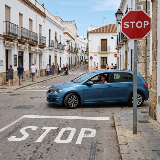 Ilustración del examen DGT: ¿Cómo afecta la señal de Detención obligatoria o STOP a los conductores de turismos en...