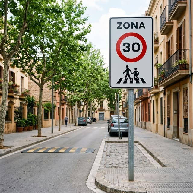 Ilustración del examen DGT: If you see the 'Zona 30' sign associated with a supplementary panel with an arrow...